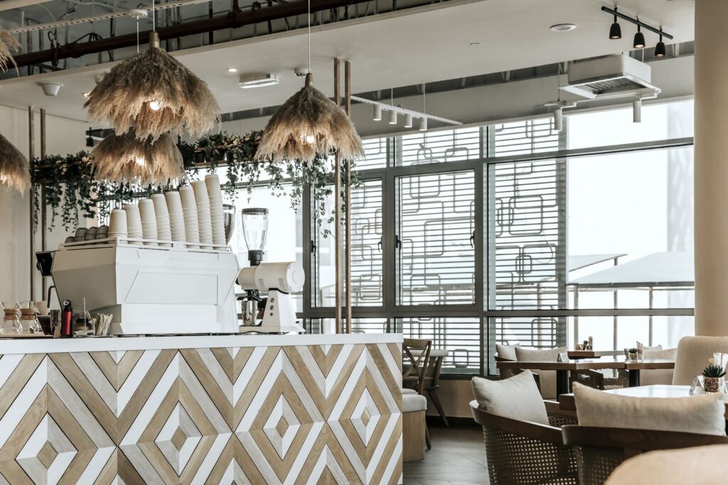 Modern café counter with rattan pendant lights