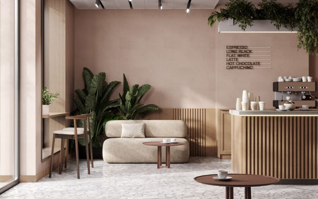 Calm café lounge with soft seating